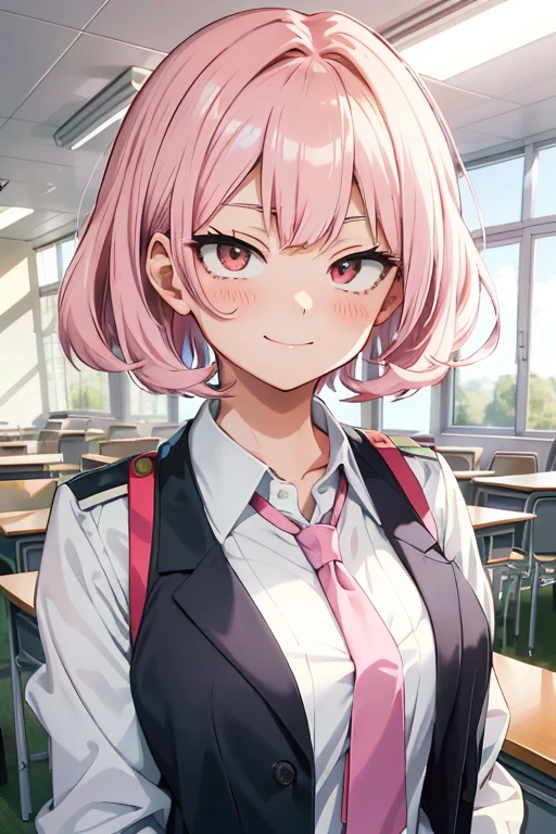 ((masterpiece)), ((best quality)), (ultra-detailed), ((anime style:1.2)), 4K, ((screenshot of My Hero Academia)), 15 year old girl, white skin, pastel pink hair, long wavy and bangs, big pink eyes with natural makeup, buttoned nose, pompous lips, showing a kind and innocent little smile, wearing UA uniform with gray jacket and red tie, overall shot, background of a UA classroom filled with desks and whiteboards. The uniform is crisp and clean, the tie slightly askew, revealing a hint of the girl's delicate collarbone. The light in the classroom highlights her features, making her