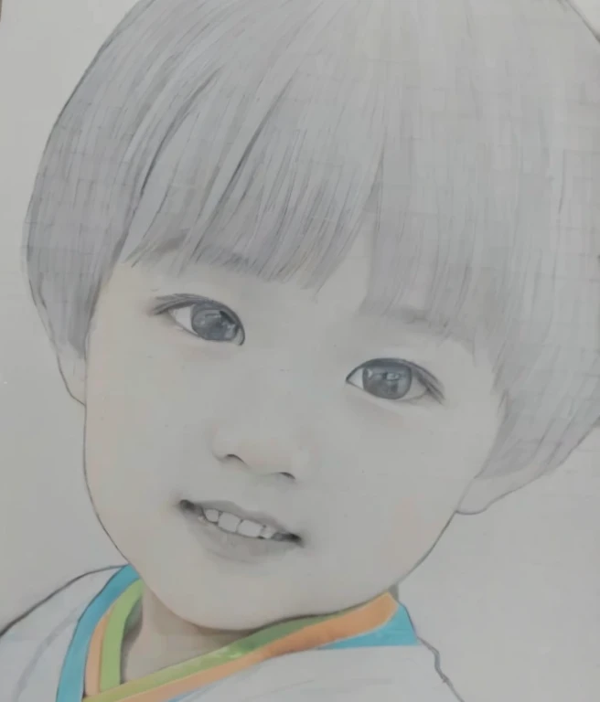 photograph of a young boy with a medal around his neck, Detailed face of asian boy, by Ayako Rokkaku, Inspired by Takeharu Matsumura, By Yasutomo Oka, Pencil sketch, Close-up portrait, By Yuki Ogura, Inspired by Huang Gongwang, 子供のphotographに基づいて, photograph