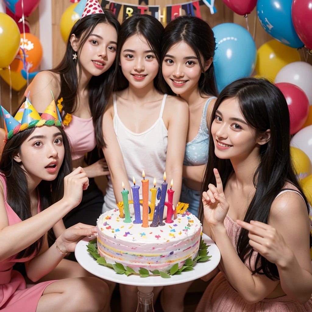 Several young people celebrating birthday birthday cake