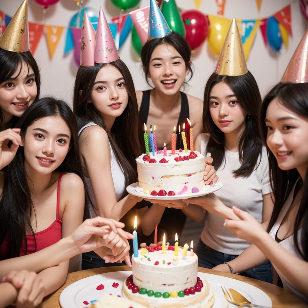 Several young people celebrating birthday birthday  cake