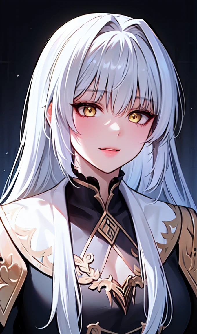 1girl, portrait, solo,lips, female focus, yellow eyes, looking at viewer, white hair, long hair, closed mouth, smile