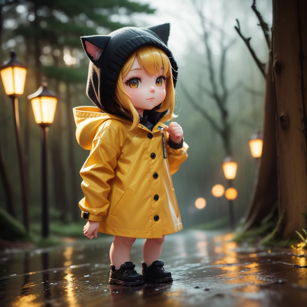 girl, CircuitBoardAI, tiny cute (happy1.4) cat in a (yellow raincoat1.3) in the woods, rain, a character portrait, Tilt-shift, bokeh