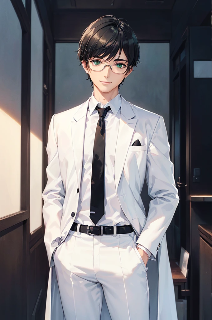 (masterpiece; best quality: 1.2), (finely detailed eyes: 1.3), ((25 year old man)), ((solo)), (green eyes: 1.4), (body; lean, lithe, masculine: 1.3), (very short black hair: 1.3), (beautiful and clear background: 1.2), ((depth of field)), (equipment: white open labcoat + black shirt + white necktie + white pants + black square glasses: 1.3), (anime illustration: 1.2), (background composition; japanese highschool classroom + furniture: 1.1), (extremely fine and handsome: 1.1), (shot composition; standing + centered on torso + close-up: 1.5), (expression; calm, smile: 1.2)