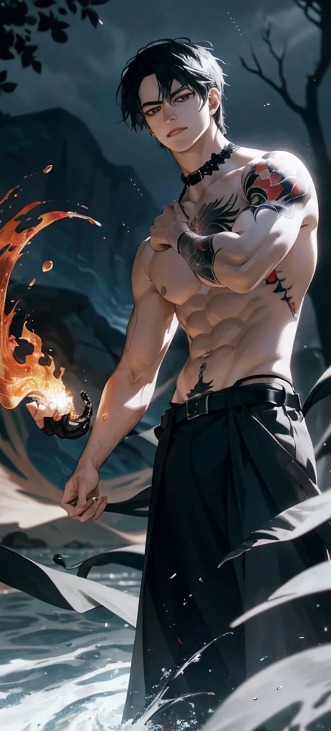 8K, complicated, elegant, Very detailed, majestic, Digital Photography, Surrealism, Thrilling Magic, Winding flame, (masterpiece, Side Light, Beautiful and delicate eyes: 1.2), HDR, (Bright red eyes)), Topless, (bright tattoo), chico Handsome, Black Hair, muscle, rain, Handsome, masterpiece,full-body shot
