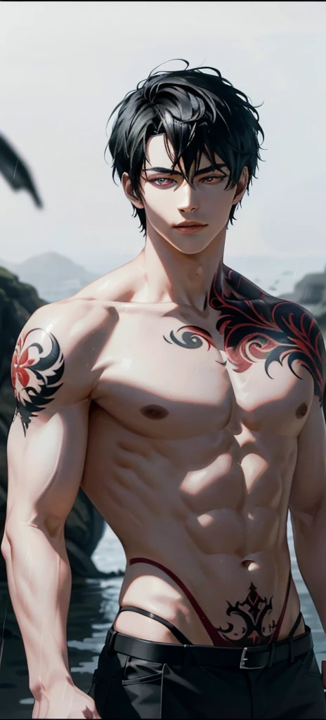 8K, complicated, elegant, Very detailed, majestic, Digital Photography, Surrealism, Thrilling Magic, Winding flame, (masterpiece, Side Light, Beautiful and delicate eyes: 1.2), HDR, (Bright red eyes)), Topless, (bright tattoo), chico Handsome, Black Hair, muscle, rain, Handsome, masterpiece,full-body shot