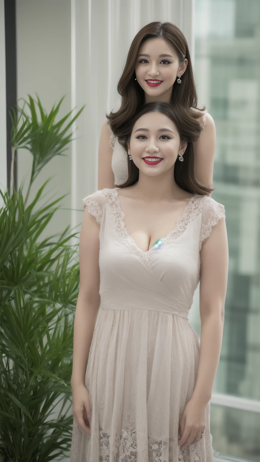 1 Female, Highly detailed 8k wallpaper), Sharp focus, detailed, dramatic, Delicate and beautiful woman, (upturned chest with tension:1.1), , Chic lace embossed business dress, Half Butterflrrings, double ring necklace, (Wicked Smile:1.05), (45 years old, : 1.4), (heavy, Fat body: 1.4), compensate, (lipstick: 1.1), (eyeliner: 1.2), mascara, eye shadow, Wavy Hair, Dynamic Angle, ( Plus Size Model), (Red lips)Beautiful graphics, Modern office with a view, Wide windows, Please show me your whole body, Standing by the window,