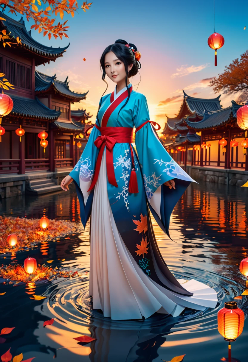official art, unity 8k wallpaper, (masterpiece:1.2), (epic composition:1.4), (talent:1.2), ultra detailed, cinematic lighting, highly detailed, insanely detailed, (photorealistic:1.2), hdr, 8k, exquisite, sharp, elegant, ambient lighting, fantasy vivid colors, high quality, beautiful and aesthetic, (Fire, water, ribbon, paper cutting), (fractal art:1.3) 1girl,building, (solo:1.5), chinese_clothes, sky, outdoors, wide_sleeves, black_hair, sunset, (falling_leaves:1.2), antern, (paper_lantern:1.5),blue sky, (outdoors:1.5),hanfu, (rainbow-candy:0.8), (style-swirlmagic:0.8), looking at camera, smiling