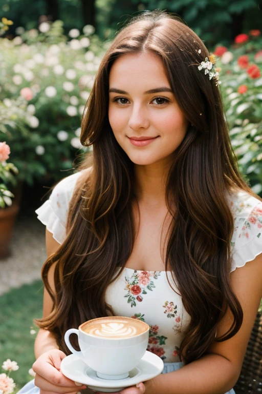 Young woman with long brown hair,in a garden surrounded by beautiful floral nature with a cup of coffee looking towards the horizon