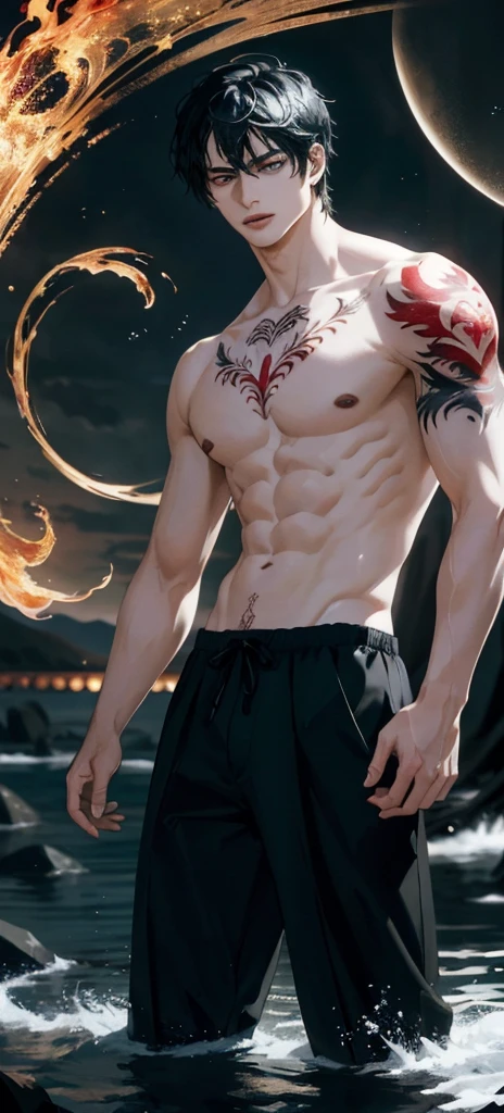 8K, complicated, elegant, Very detailed, majestic, Digital Photography, Surrealism, Thrilling Magic, Winding flame, (masterpiece, Side Light, Beautiful and delicate eyes: 1.2), HDR, (Bright red eyes)), Topless, (bright tattoo), chico Handsome, Black Hair, muscle, rain, Handsome, masterpiece,full-body shot,Bright picture