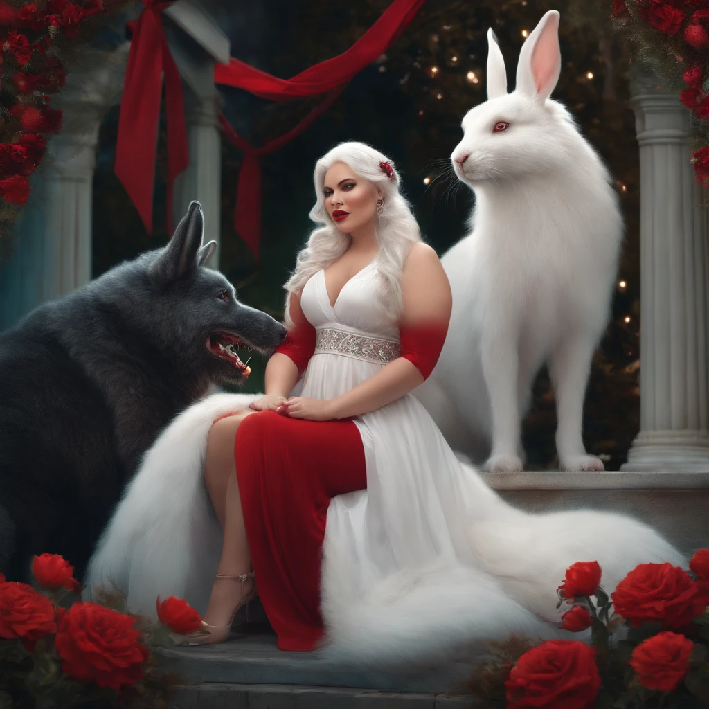 Lovely bunny plus sized woman, white hair in pigtails with red bows, white transparent dress, kneeling big werewolf looming behind her