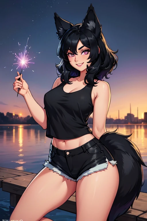 A black haired woman with violet eyes with an hourglass figure and black fox ears and a black fox tail in a cute tank top and shorts is playing with a sparkler on the dock with a big smile.