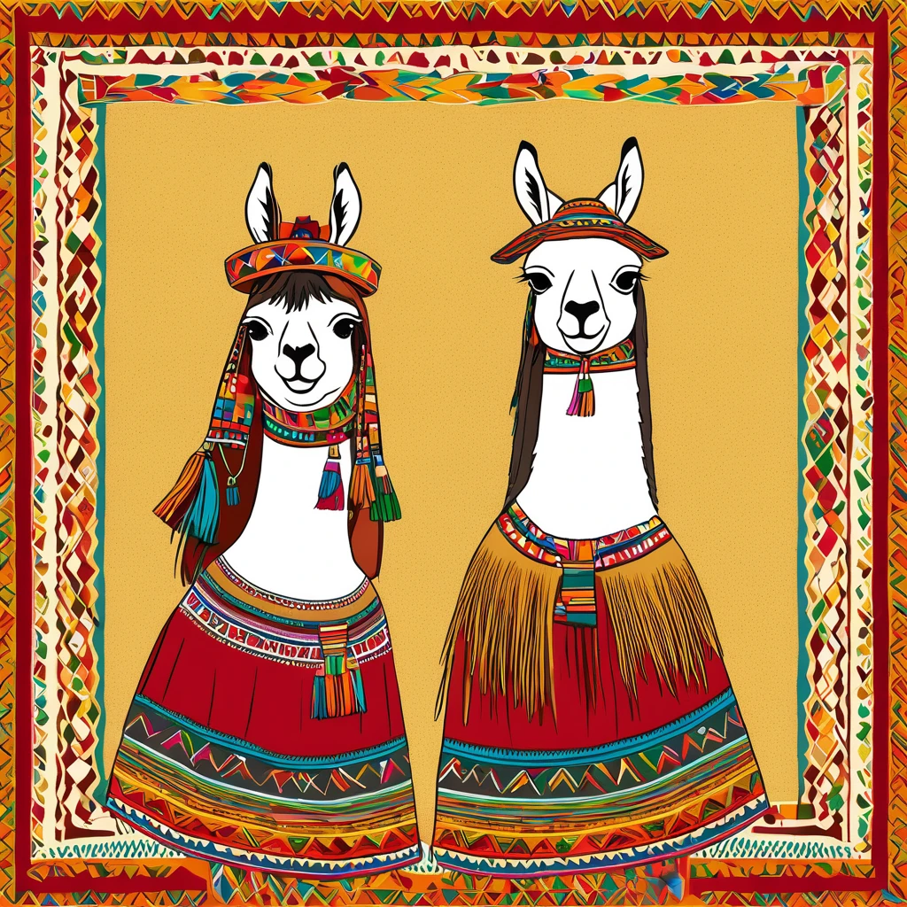 a vicuña and a llama in a traditional inka dress quechua folklore illustration, using a computer, quechua style, bolivian cholitas, peruvian look, happy expression, llama, peru, llama all the way, traditional costume, inca clothing