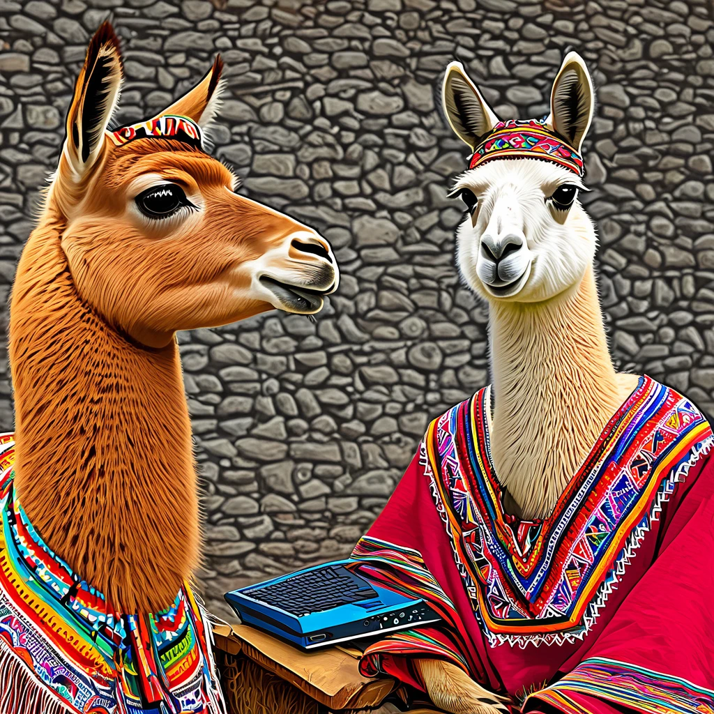 a vicuña and a llama in a traditional inka dress quechua folklore illustration, using a computer, quechua style, bolivian cholitas, peruvian look, happy expression, llama, peru, llama all the way, traditional costume, inca clothing