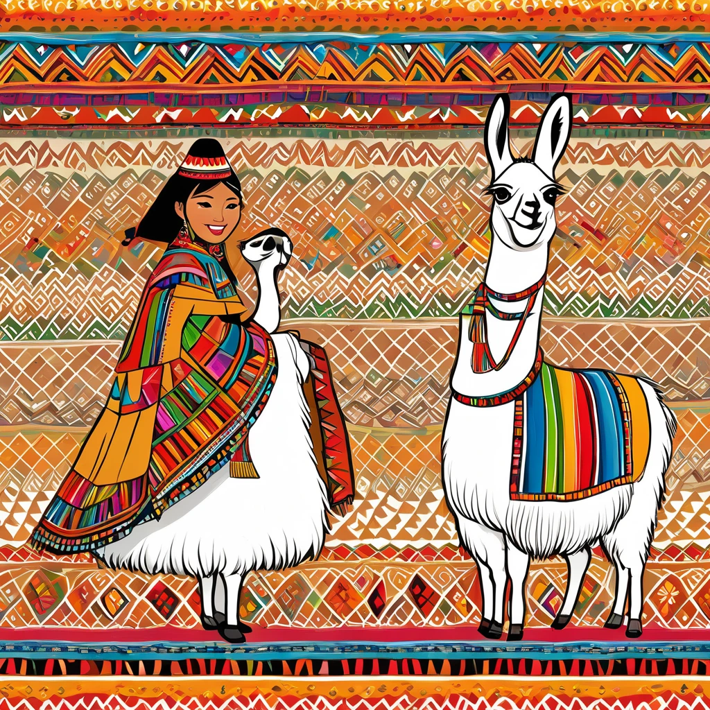 a vicuña and a llama in a traditional inka dress quechua folklore illustration, using a computer, quechua style, bolivian cholitas, peruvian look, happy expression, llama, peru, llama all the way, traditional costume, inca clothing