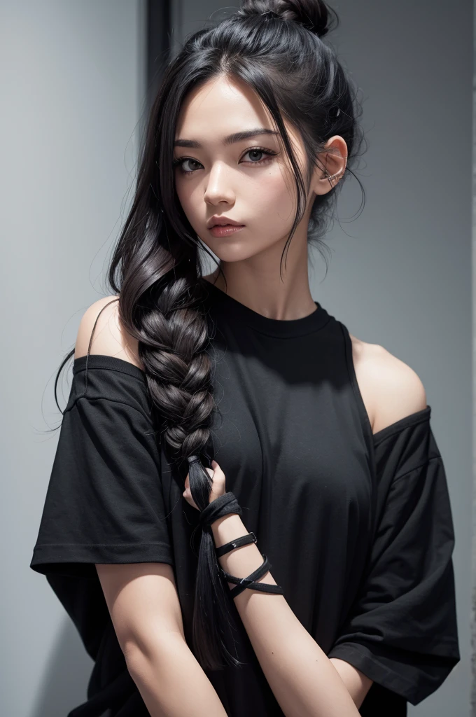 A female pull character with tied up hair and a black t-shirt