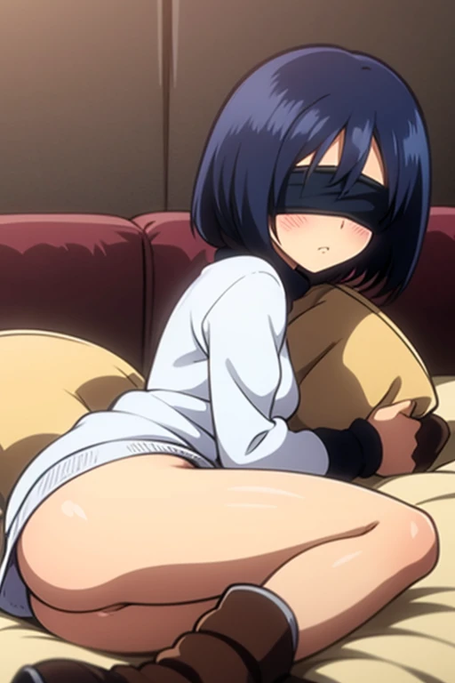 tennis girl's massive rear butt cheeks out of bottomless slutty mini sweater out bare and pretty boots, showing her butt, lying down, on bed, wearing oven mittens under big pillow, blindfold

