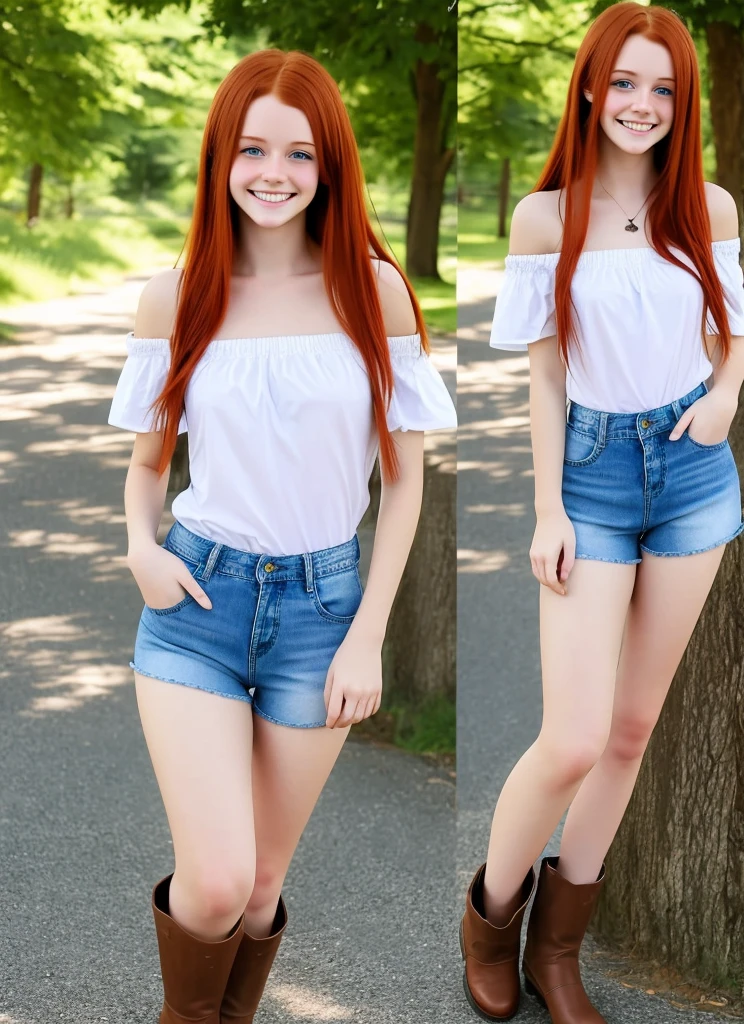 18 year old young girl, long haired redhead with blue eyes, Short white off-the-shoulder shirt, bright blue short jean shorts, serious look, SMILE, smiling, short brown boots with white