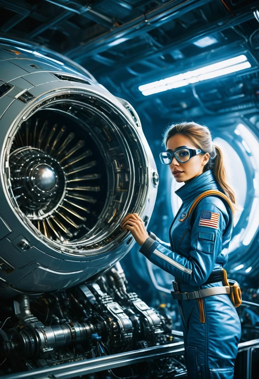 Candid photo of a female engineer repairing the engine of a huge spaceship, Wearing a tight futuristic space suit, masterpiece, (GlassesBig Eyes:1.1), Exquisite detail, Very complex iris, close, Neon Light, thick smoke, Cyberpunk atmosphere, Flash lighting, Shot with a Bolex H16, Expired Ektachrome film