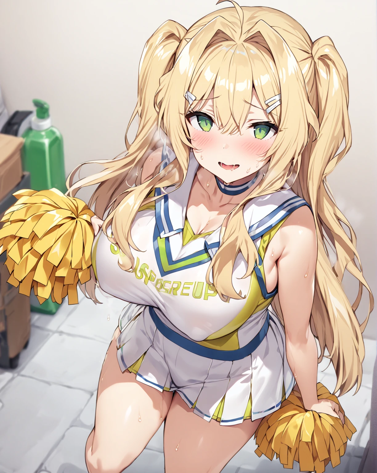 (((score_9, score_8_up, score_7_up,
1girl,solo,long hair,blonde hair,green eyes,ahoge,white hairpin,hair intakes,bow,hairclip,twintail hair,))),((Perfect body,))((Super beautiful,))((High quality,)),(Heavy breathing,saliva,blush, sweat, Sweaty and wet all over,Steam,)((iyojima anzu, blond hair,green eye,))((gigantic breast)),((Perfect body,))((Super beautiful,))((High quality,))((Cheerleader costume,pom pon,)),pov,Looking at Viewer,looking shyly smile,nipple,half open eyes,