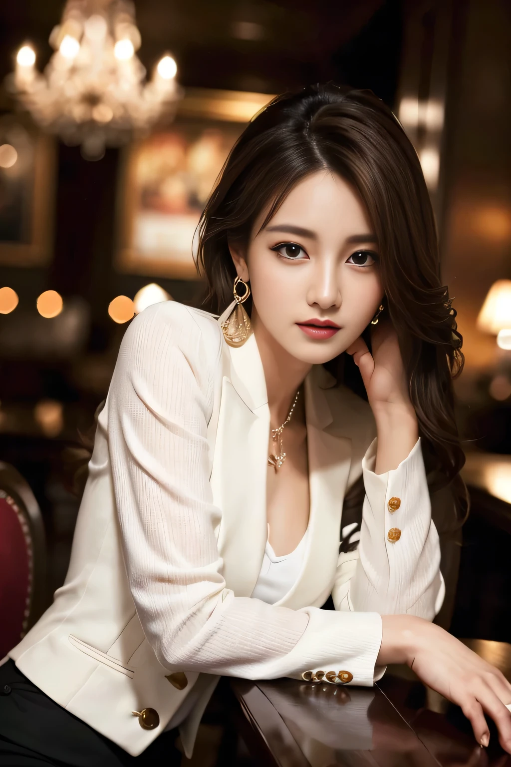 masterpiece, Highest quality, Realistic, Very detailed, Finer details, High resolution, 8k wallpaper, One beautiful woman, Wear a nice suit, In a great restaurant, At night, Light brown messy hair, Perfect dynamic composition, Beautiful and beautiful eyes、Big earrings、Sit on a chair、