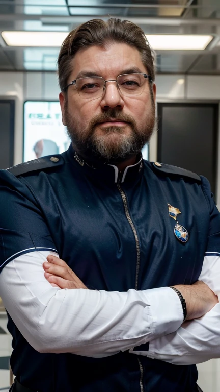 8 Generais estão em uma mesa de vidro , ao centro da mesa tem um aparelho que usa uma tela de olho grama mostrando o universo, The space general wears a futuristic uniform, he is fat bearded, long sleeve uniform , he has his arms crossed seriously, speaking to the viewer, He wears a white general's hat on his head. Visão completo de todos os participantes da reunião.