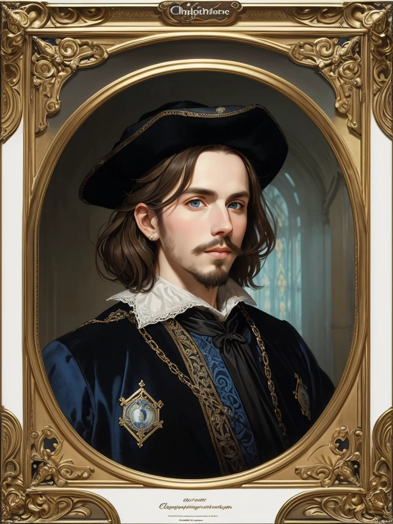 Portrait of Christopher Marlowe, white skin, piercing blue eyes, silky golden-brown hair, refined features, charp jawline, clean shaved, black Elizabethan velvet jerkin, white laced shirt, Mucha style, Mucha background, realism, high quality