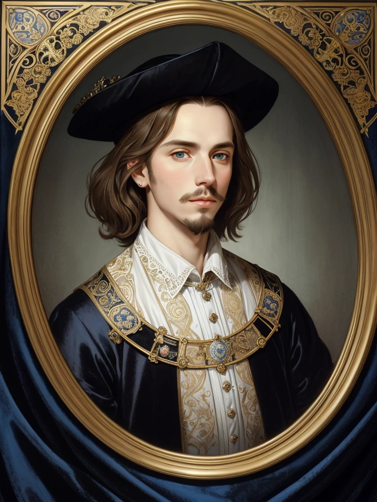 Portrait of Christopher Marlowe, white skin, piercing blue eyes, silky golden-brown hair, refined features, charp jawline, clean shaved, black Elizabethan velvet jerkin, white laced shirt, Mucha style, Mucha background, realism, high quality
