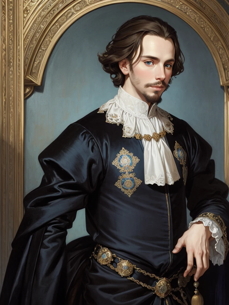 Portrait of Christopher Marlowe, white skin, piercing blue eyes, silky golden-brown hair, refined features, charp jawline, clean shaved, black Elizabethan velvet jerkin, white laced shirt, Mucha style, Mucha background, realism, high quality