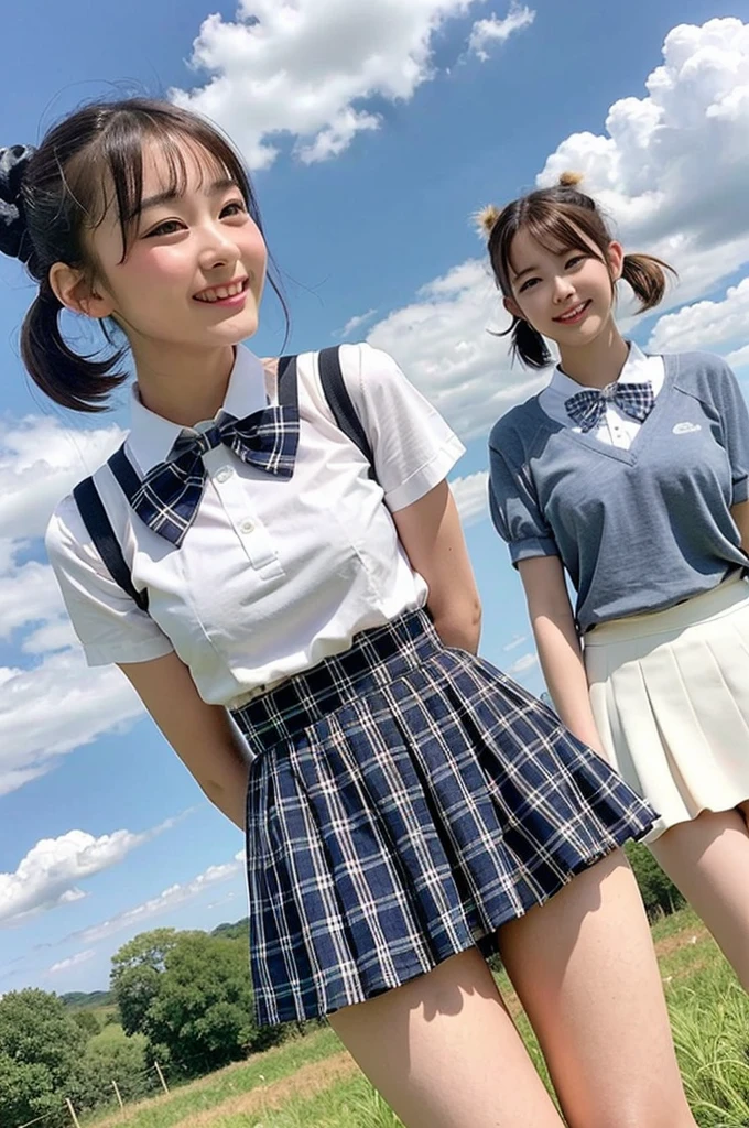 2 girls standing in rural field,summer cloud in blue sky,short-sleeved white shirt with bow tie,white thong,gray plaid micro mini skirt,hands on crotch,18-year-old,bangs,a little smile,thighs,knees,short hair with low pigtails bunches with plaid ribbon bow,from below,front light