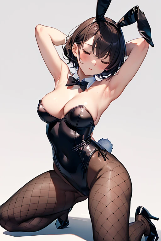 Highest quality, masterpiece, One woman, beautiful, very cute, brown super short hair, Beautiful large breasts, Emphasize cleavage, eyes closed, open the mouth, (makeup:1.2), whole body, Playboy bunny, (Black strapless bunny Leotard:1.2), (black rabbit ears), (High leg), (bowtie), (white rabbit tail), (restrained:1.4), (wrist cuffs:1.2), (Fishnet pantyhose), Covered abdomen, (arms behind the head:1.4), (armpits:1.2), blush, (sexy:1.3), (sensual:1.5), (orgasm:1.1), barcounter, casino, (nsfw:1.2), (kneeling:1.2), (shoot from side below:1.5), (looking upward:1.1), open the legs, show the hip