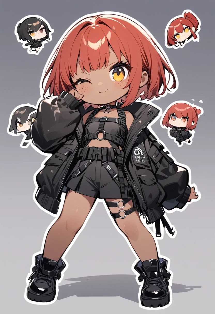 full body,1 girl,(cute:1.3),red Hair, left eye blue, right eye yellow, tan skin, freckles,{stylish and edgy outfit, techwear,chest harness, O ring choker, oversized jacket, Glossy, shiny material,chibi emote, chibi character, cute pose
