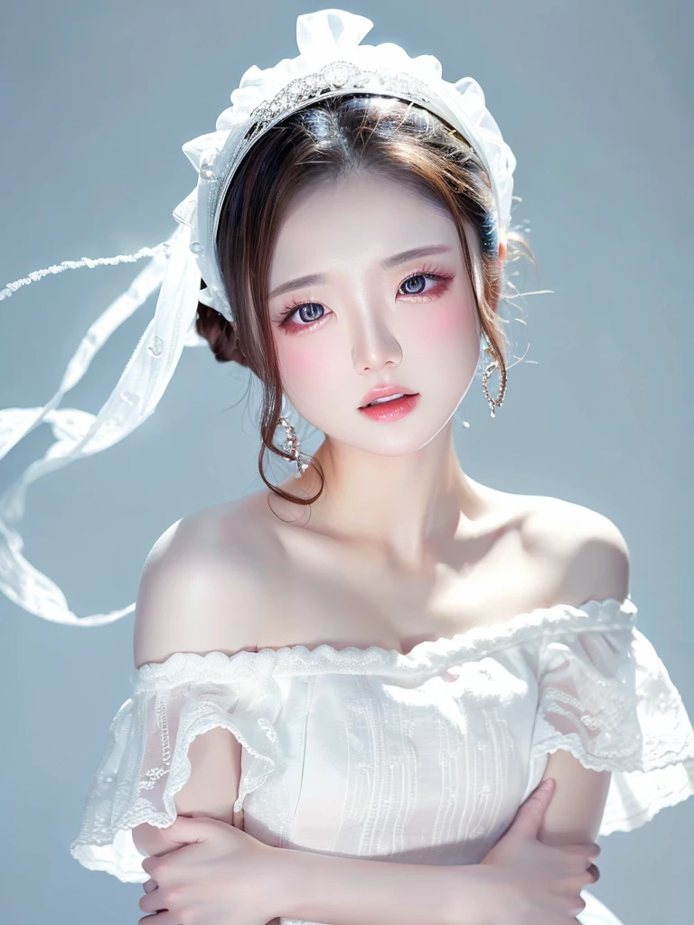 White Background、Professional Lighting、(((Professional Lighting 1.5)))、Translucent skin texture、Clear Skin、Beautiful Skin、、Off the shoulder、White Dress、Ecstasy of Musical Notes、