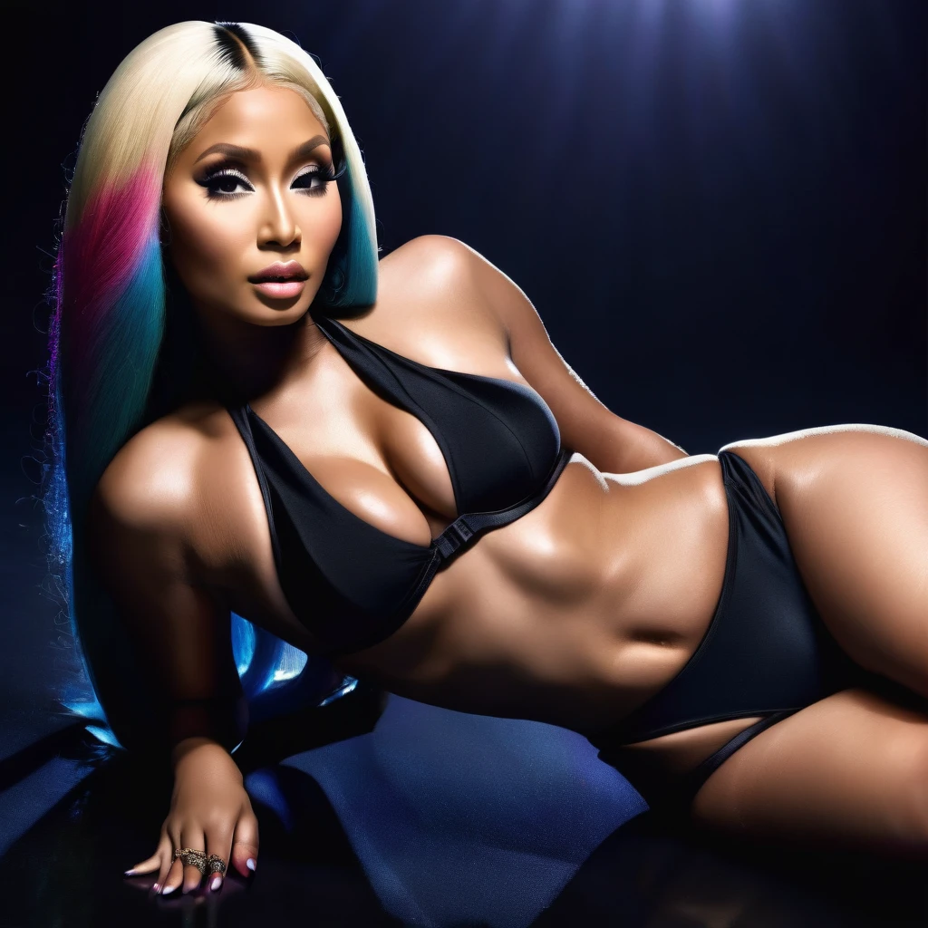 a beautiful woman, nicki minaj, black bikini, laying on floor, black background, professional photoshoot, detailed facial features, flawless skin, glamorous, dramatic lighting, high fashion, high quality, photorealistic, 8k, best quality