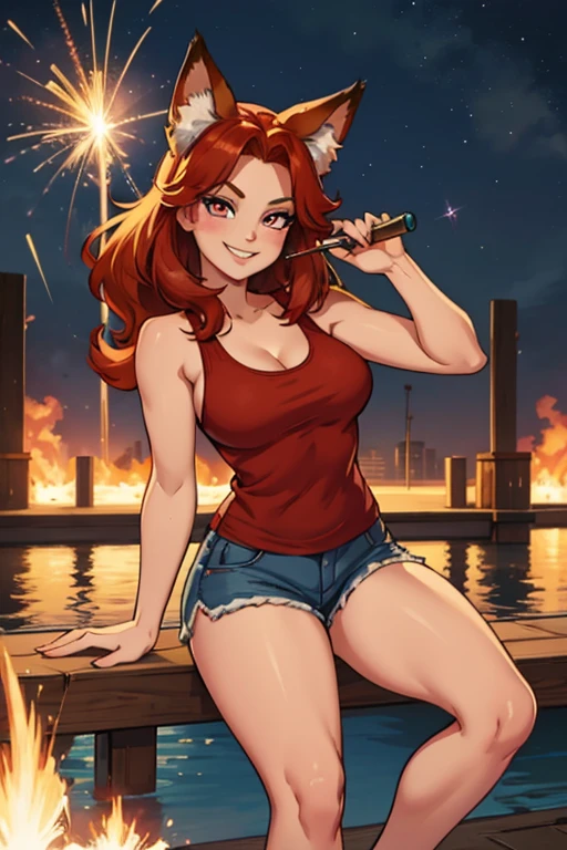 A red haired woman with one blue eye and one red eye with an hourglass figure and red fox ears and a fluffy red fox tail in a cute tank top and shorts is playing with a sparkler on the dock with a big smile.