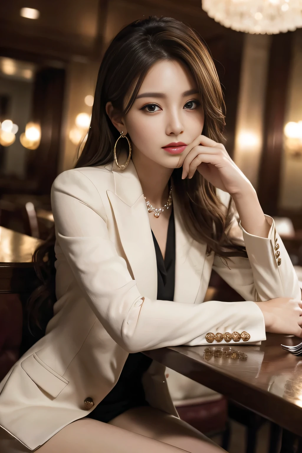 masterpiece, Highest quality, Realistic, Very detailed, Finer details, High resolution, 8k wallpaper, One beautiful woman, Wear a nice suit, In a great restaurant, At night, Light brown messy hair, Perfect dynamic composition, Beautiful and beautiful eyes、Big earrings、Sit on a chair、