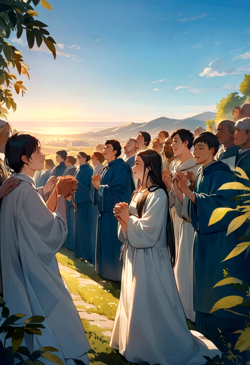 Prompt: A detailed 8K scene showing Jesus surrounded by a crowd of amazed and grateful people. Jesus is at the center of the image, with a serene and welcoming countenance, wearing traditional white robes with a blue cloak. The people around vary in age, ethnicity, and dress, reflecting the diversity of the crowd. Some people are kneeling in gratitude, others are holding their hands up in praise, and others are smiling and chatting animatedly. The scenery in the background it includes green hills and the Sea of Galilee in the distance, under a clear blue sky with few clouds. The soft light of the late afternoon illuminates the scene, creating a warm and welcoming atmosphere. Details such as emotional facial expressions, realistically textured clothing, and the surrounding vegetation are visible with stunning clarity.