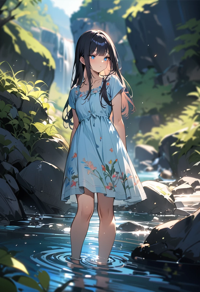 1 girl, long hair, black hair, straight hair, short bangs above brows, half closed eyes, blue eyes, (looking away:1.3)
BREAK (masterpiece), (high resolution 8K), cinematic lighting, professional lighting, detailed eyes and face, detailed body,
BREAK botanical pattern sundress, bare foot, standing,
BREAK blurred background, depth of field, in summer, outdoors, nature, water, gorge, clear stream, mossy rocks, blue sky,