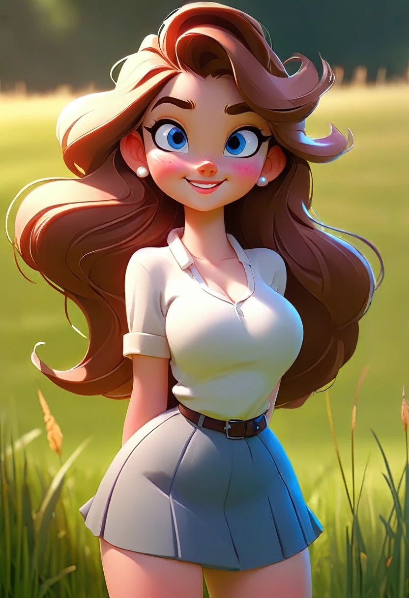 Cartoon 18 year old girl with big-boobs standing on the grass smile both hands on hip, and bright blue/white eyes Camera shooting side view of people