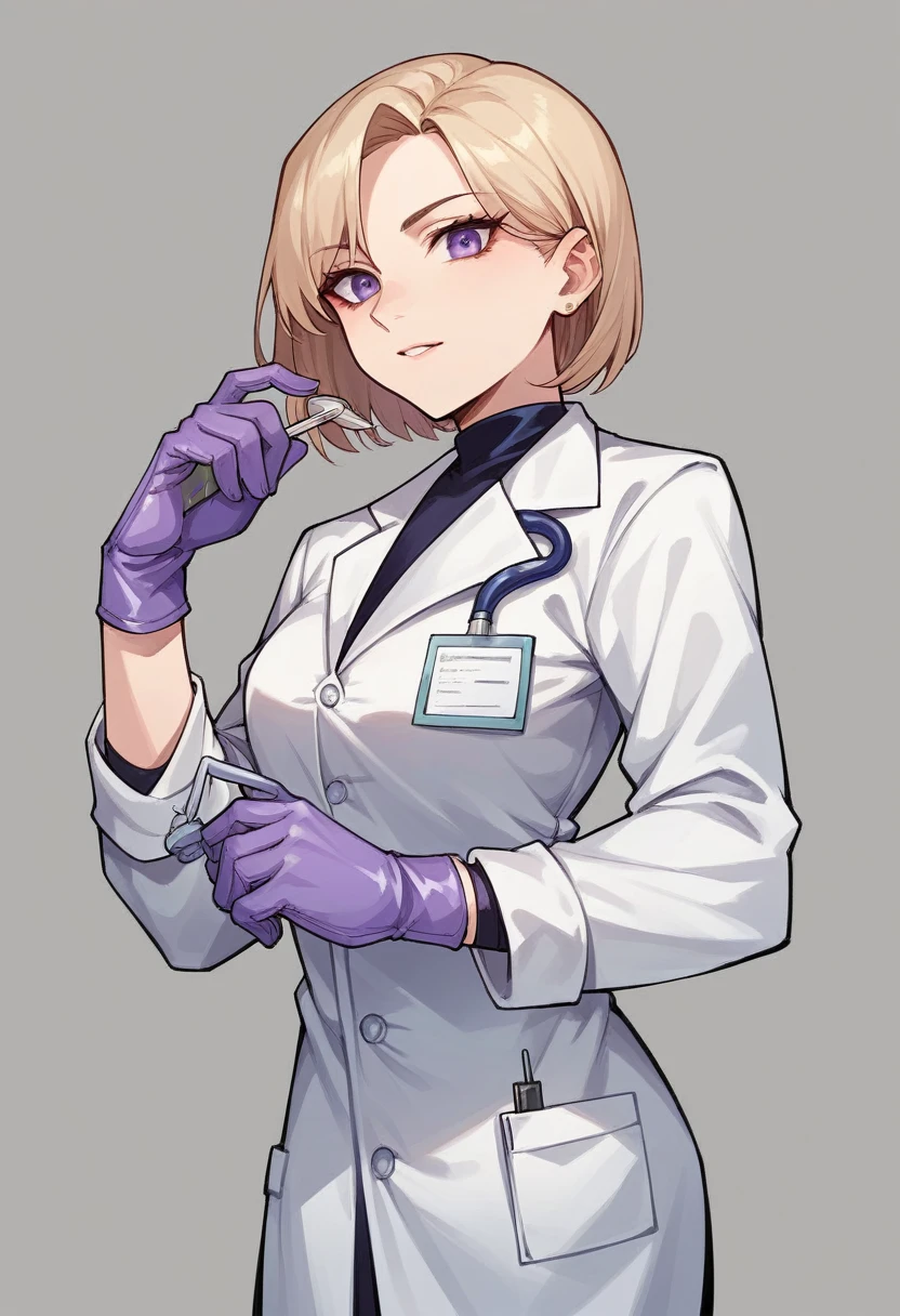 1girl, light hair, ((purple gloves)), ((surgical gloves)), ((latex gloves)), ((long sleeves)) ((white surgeon outfit)), looking at viewer, ((doctor)), standing, solo