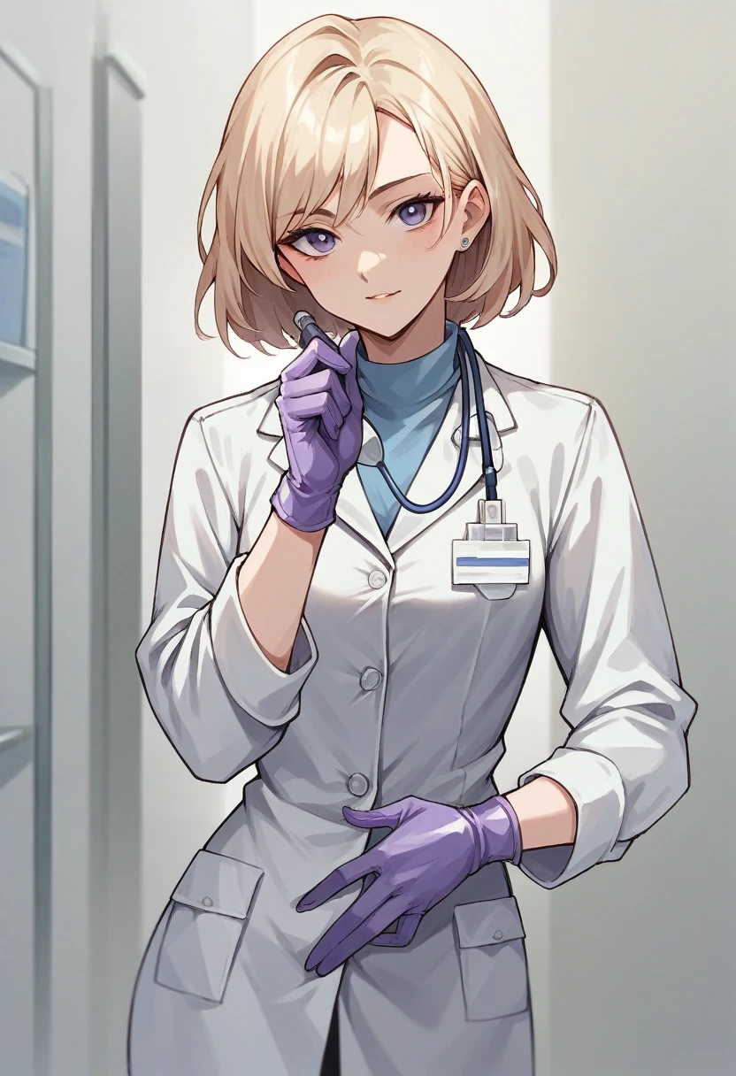 1girl, light hair, ((purple gloves)), ((surgical gloves)), ((latex gloves)), ((long sleeves)) ((white surgeon outfit)), looking at viewer, ((doctor)), standing, solo