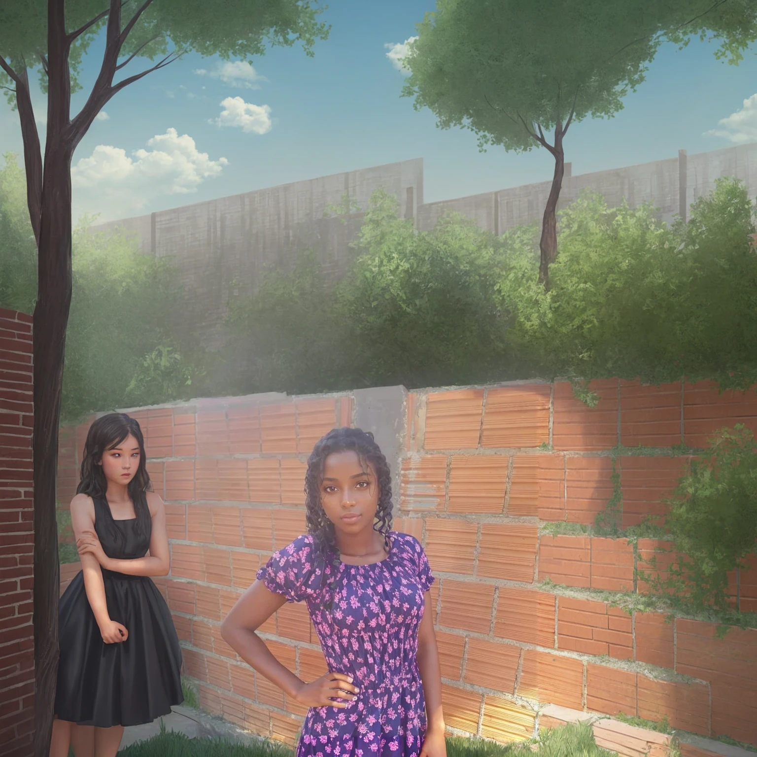 Afternoon in the sun, backyard with brick wall, ground with lawn and some trees.