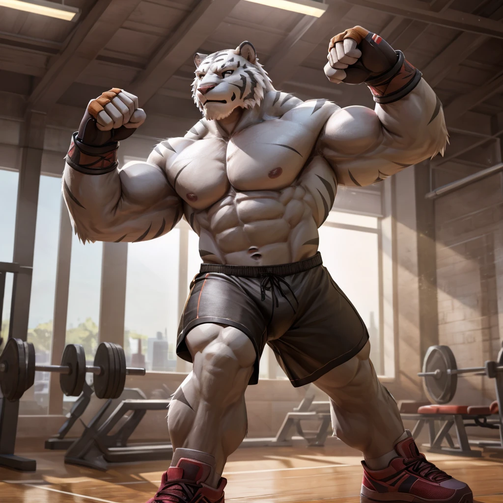a white tiger mercenary in a gym, shirtless and topless, black gym shorts, fingerless gloves, gym shoes, flexing his arms, muscular, dynamic pose, intricate details, cinematic lighting, photorealistic, 4k, high resolution, best quality, masterpiece