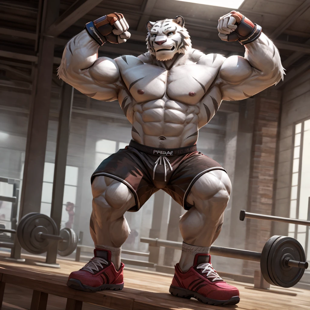 a white tiger mercenary in a gym, shirtless and topless, black gym shorts, fingerless gloves, gym shoes, flexing his arms, muscular, dynamic pose, intricate details, cinematic lighting, photorealistic, 4k, high resolution, best quality, masterpiece