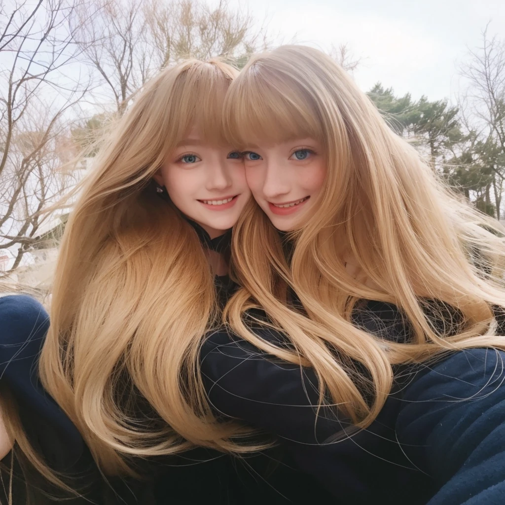 Tall teenage girl with silky shiny hair, blonde with bangs and blue-green eyes taking a photo with her red-haired boyfriend with freckles and light brown eyes smiling by her side