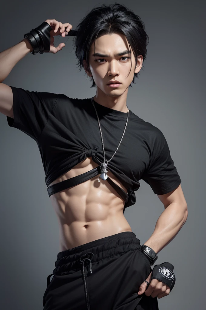 A pixar character with tied hair and a black t-shirt with a kruang on his arm 