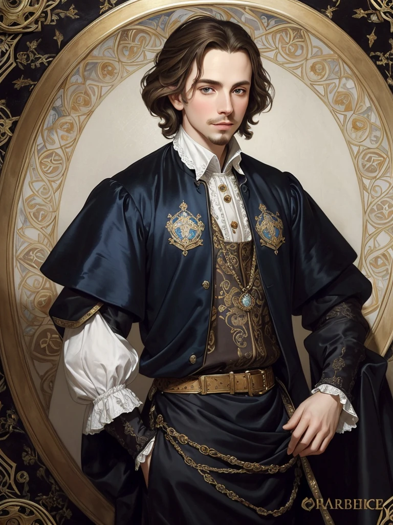 Portrait of Christopher Marlowe, white skin, piercing blue eyes, silky golden-brown hair, refined features, charp jawline, clean shaved, black Elizabethan velvet jerkin, white laced shirt, Mucha style, Mucha background, realism, high quality