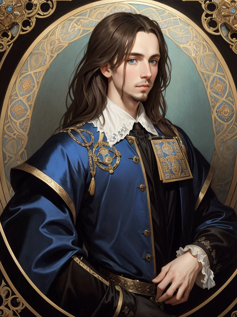 Portrait of Christopher Marlowe, white skin, piercing blue eyes, silky golden-brown hair, refined features, charp jawline, clean shaved, black Elizabethan velvet jerkin, white laced shirt, Mucha style, Mucha background, realism, high quality