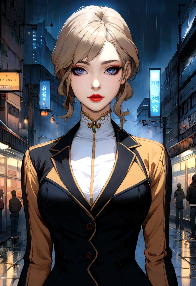 Rainy Night,City,On the busy streets of Gintama,A man in sportswear,Beautiful woman with hot girl makeup, There are vendors all around, Beautiful portrait of a stunning goddess girl, Beautiful and delicate face, Porcelain skin, full-body shot, Center, Super soft light, symmetry, complex, elegant, Very detailed, Reality, Art Station, Concept Art, Smooth, As imagined by greg rutkowski and borris vallejo, cover, trendy style