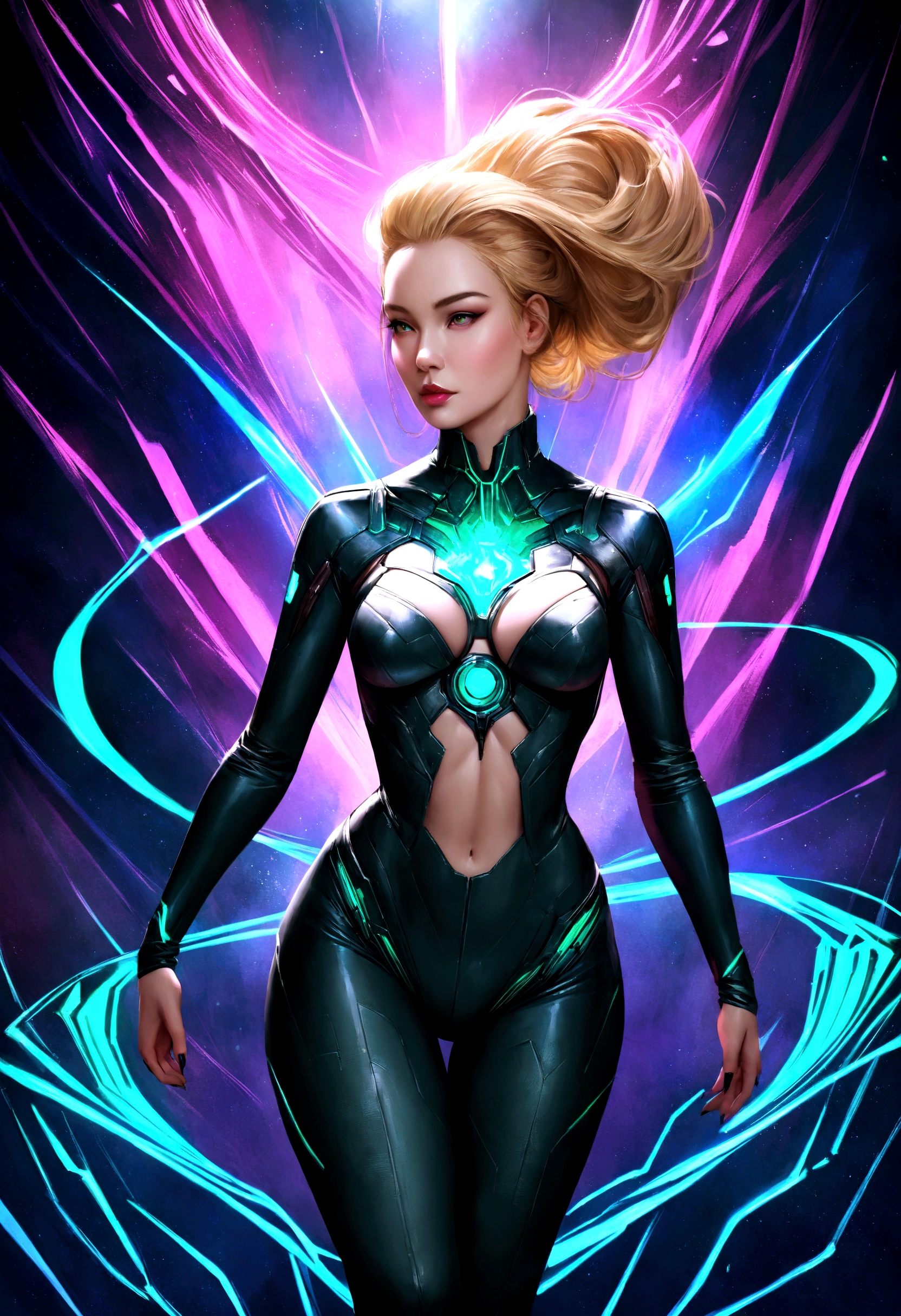 Animatrix style, ultrarealistic, cyberpunk, sci-fi, character, female, ultra textured, perfect face. A beautiful blonde alchemist has magical and astral powers, she is powerful and walks empowered in the middle of a large coliseum of extraordinary beings. Her wardrobe is ostentatious and sensual.