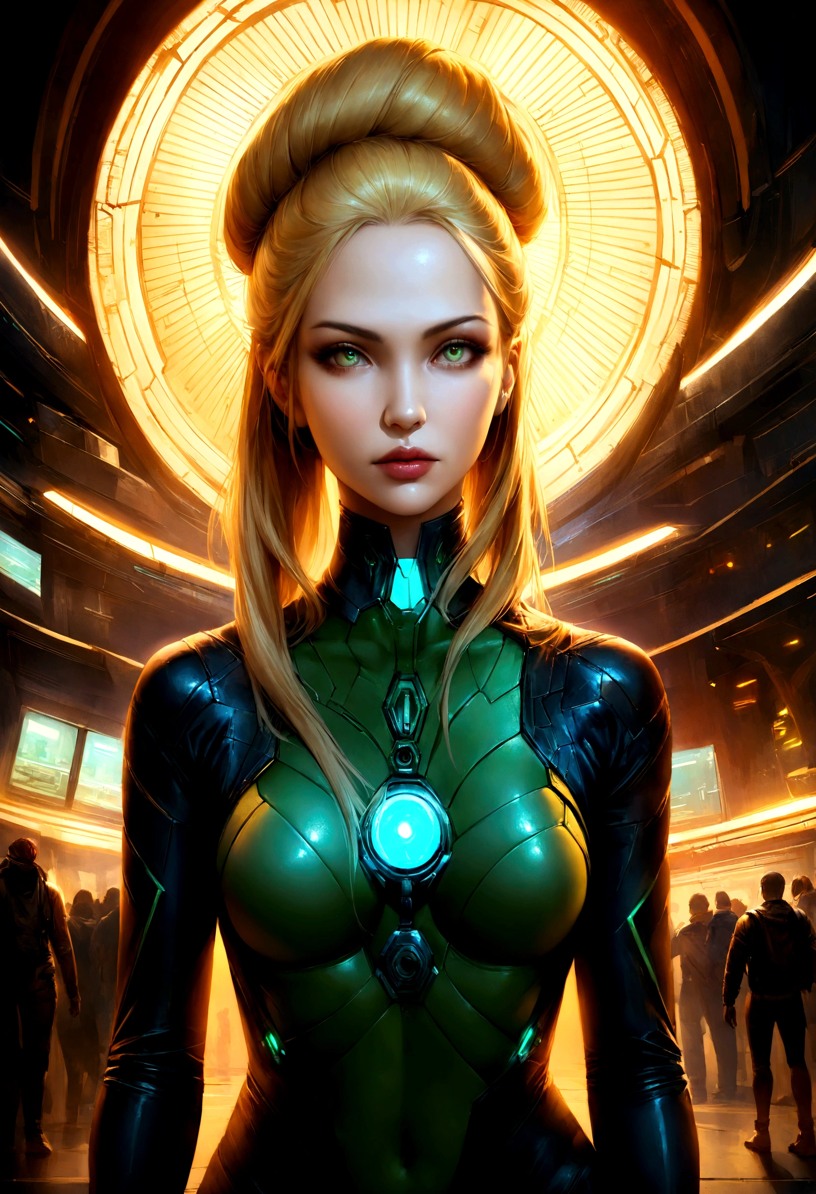 Animatrix style, ultrarealistic, cyberpunk, sci-fi, character, female, ultra textured, perfect face. A beautiful blonde alchemist has magical and astral powers, she is powerful and walks empowered in the middle of a large coliseum of extraordinary beings. Her wardrobe is ostentatious and sensual.